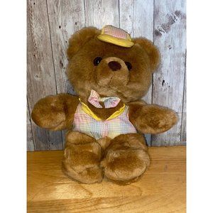 Wal-Mart 10" Brown Teddy Bear Plush Pastel Plaid Fabric Shirt Bowtie Hat Toy